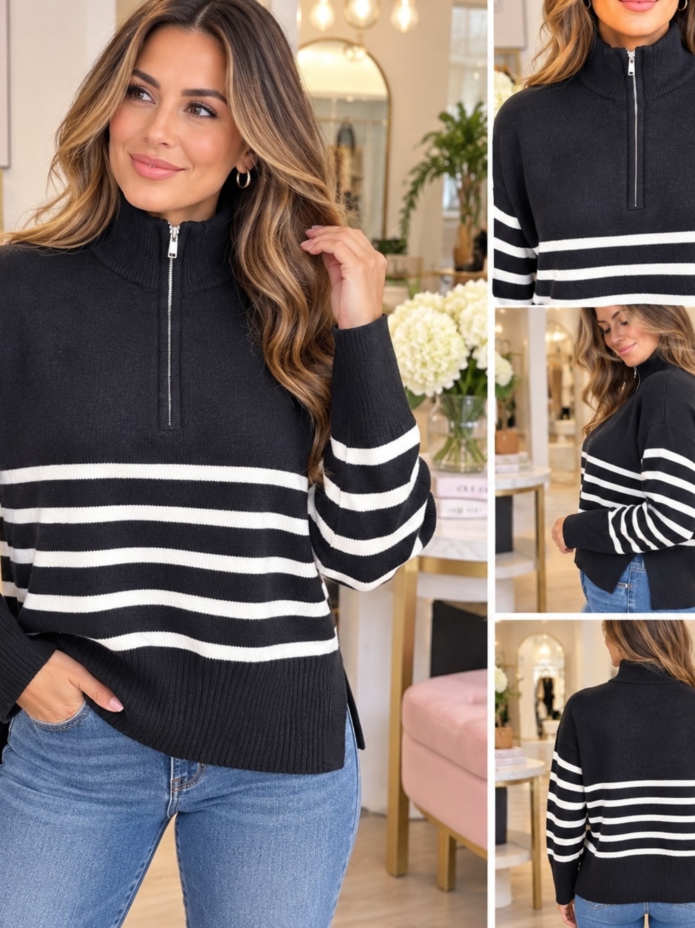 NWT DKNY Women’s Black White Striped Quarter Zip Mock Neck Sweater Size S